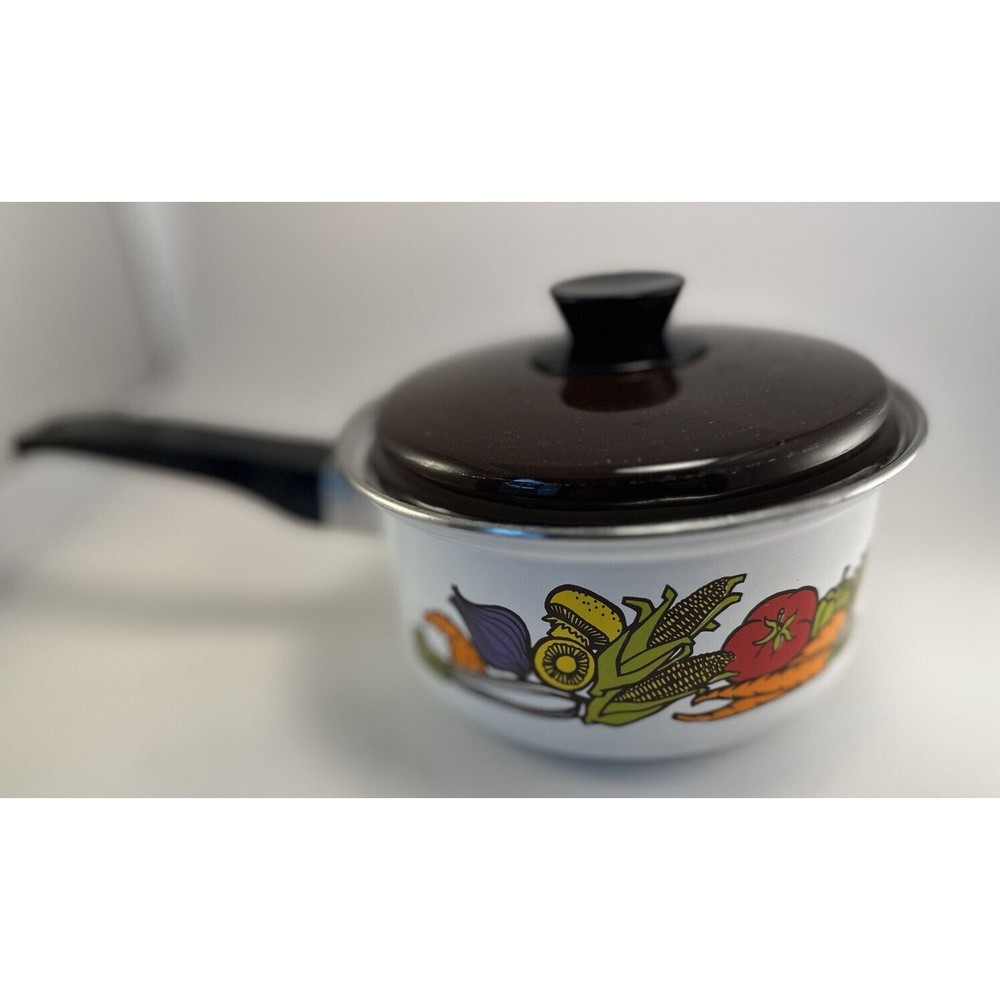 VTG Fingerhut Enamel saucepan w/lid 1975 Spice Of Life, 8" diameter vegetables